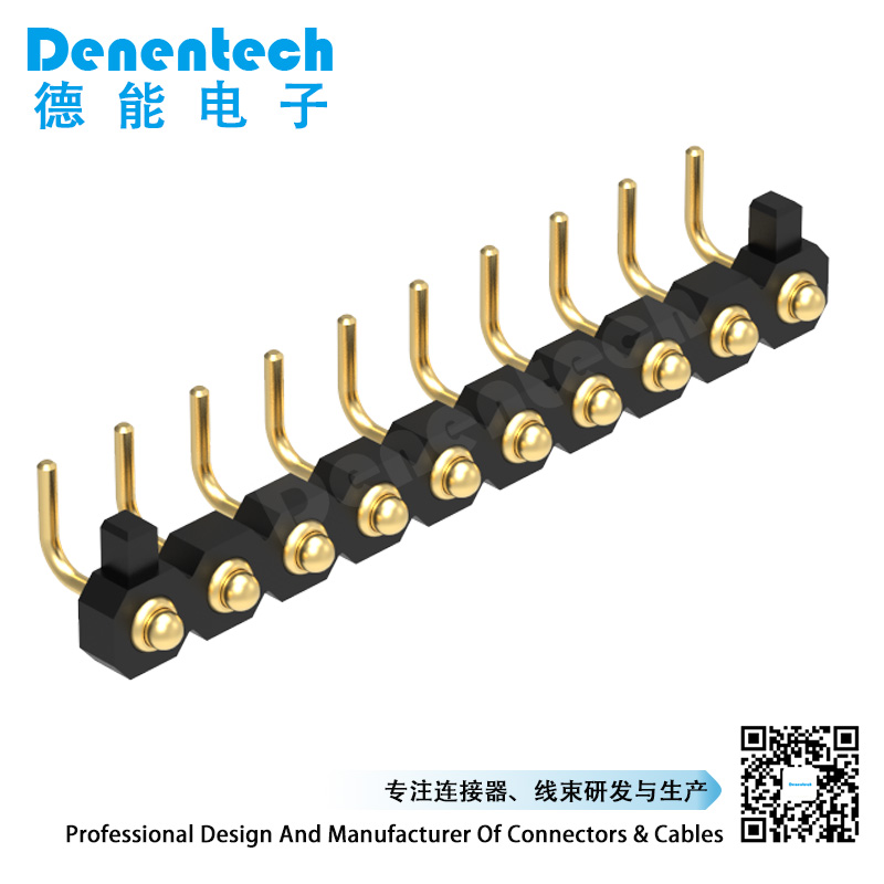 Denentech 2.54MM pogo pin H1.27MM single row male right angle gold plated pogo pin charger connector with peg